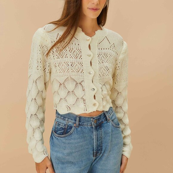 FARM Rio Off-White Mixed Lace Stitch Cardigan - Picture 1 of 4
